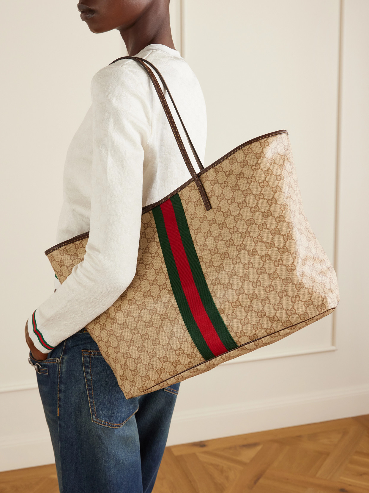 Tribeca Leather-Trimmed Coated Canvas-Jacquard Tote