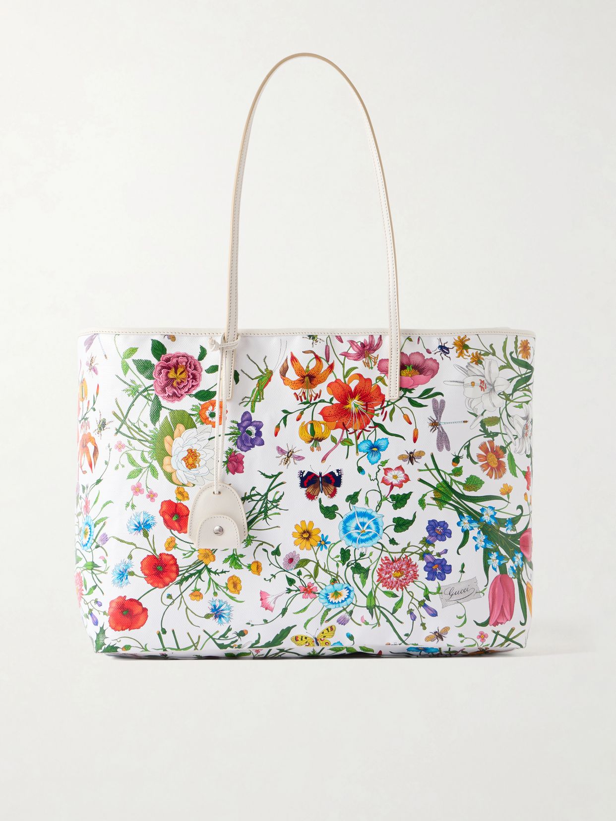 Leather-trimmed floral-print coated-canvas tote