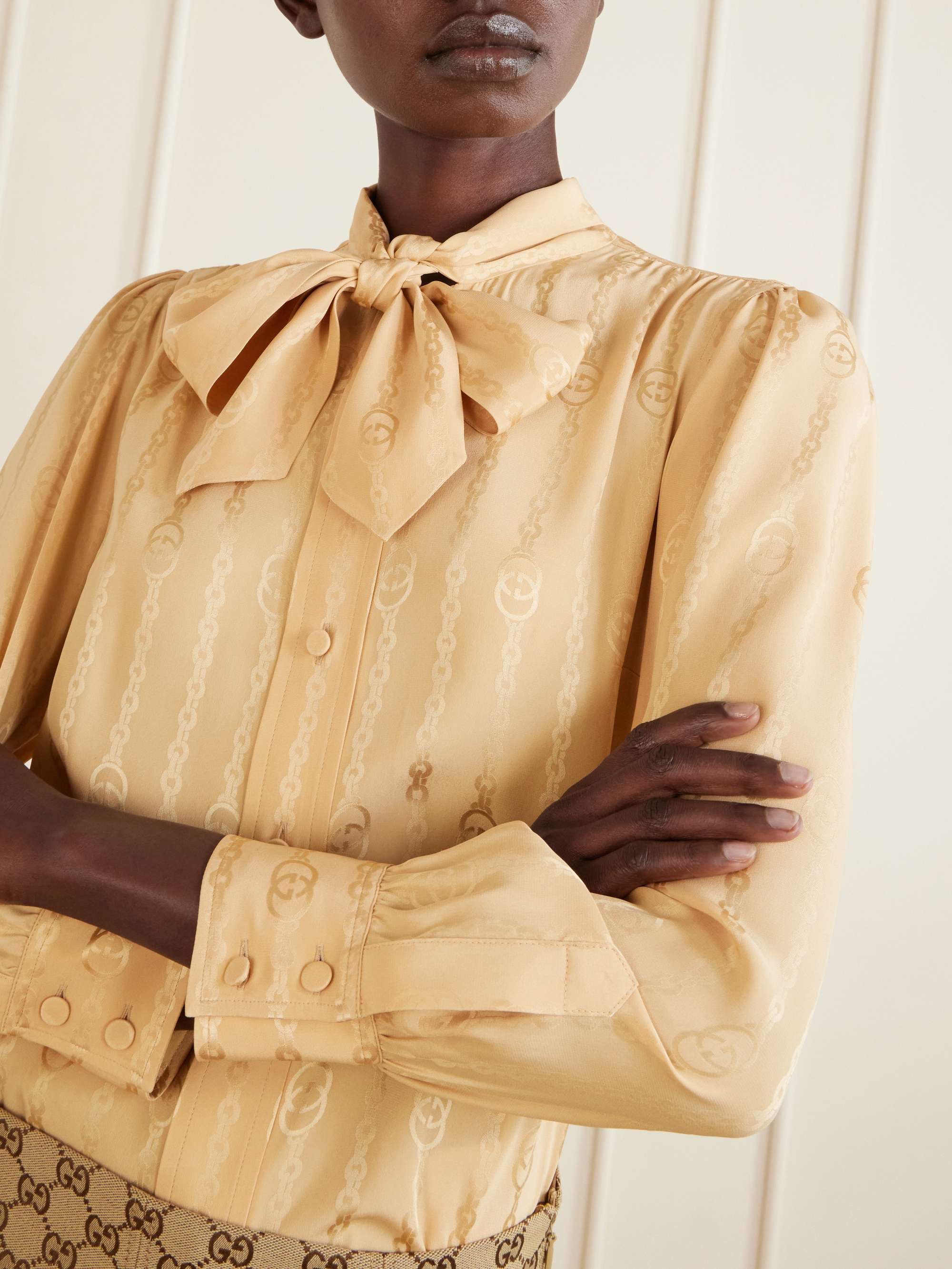GUCCI Tie-detailed logo-jacquard silk shirt | NET-A-PORTER