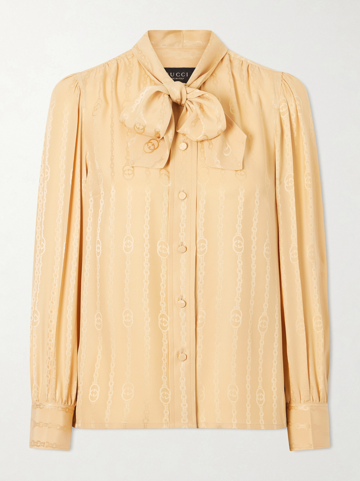 Gucci - Pussy-bow Logo-jacquard Silk Shirt - Neutrals