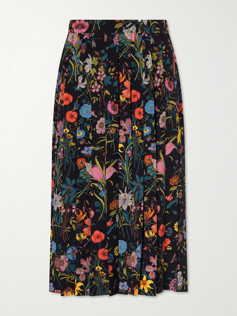 Pleated printed silk skirt