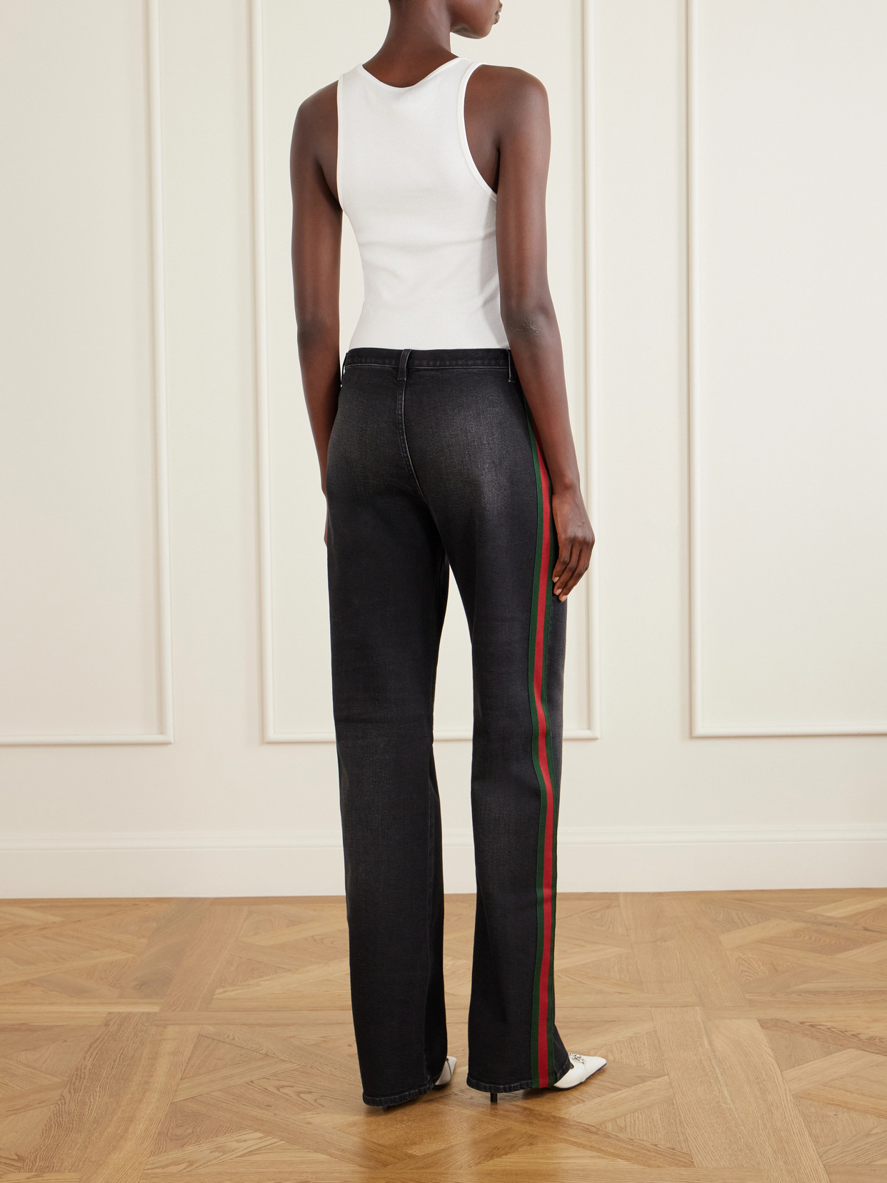 Low-Rise Webbing-Trimmed Straight-Leg Jeans