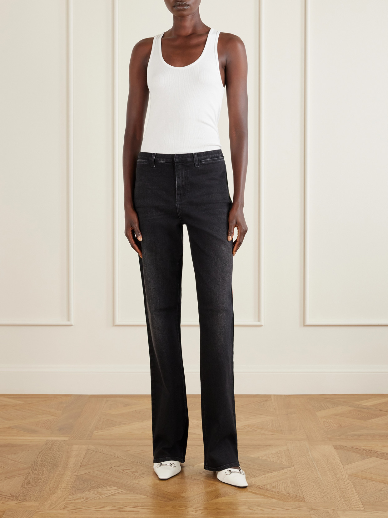 Low-Rise Webbing-Trimmed Straight-Leg Jeans