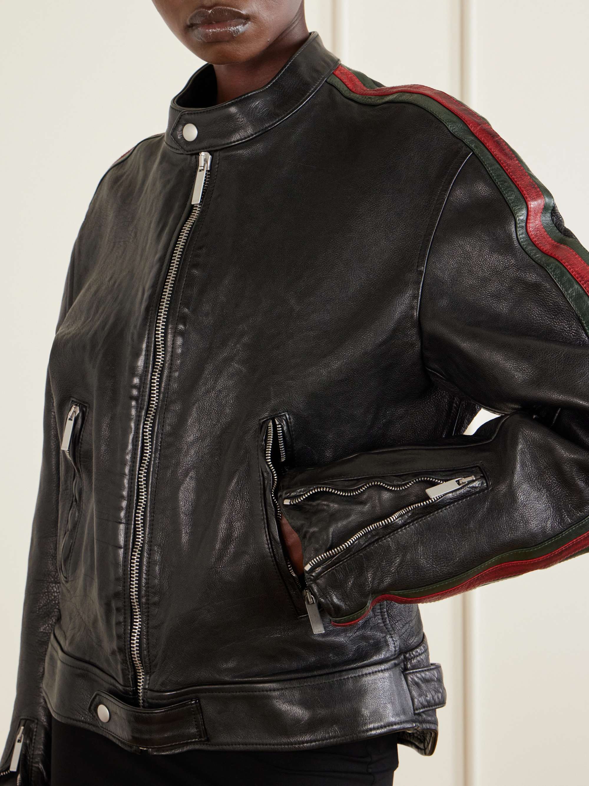 GUCCI Biker Web-trimmed full-grain leather jacket | NET-A-PORTER