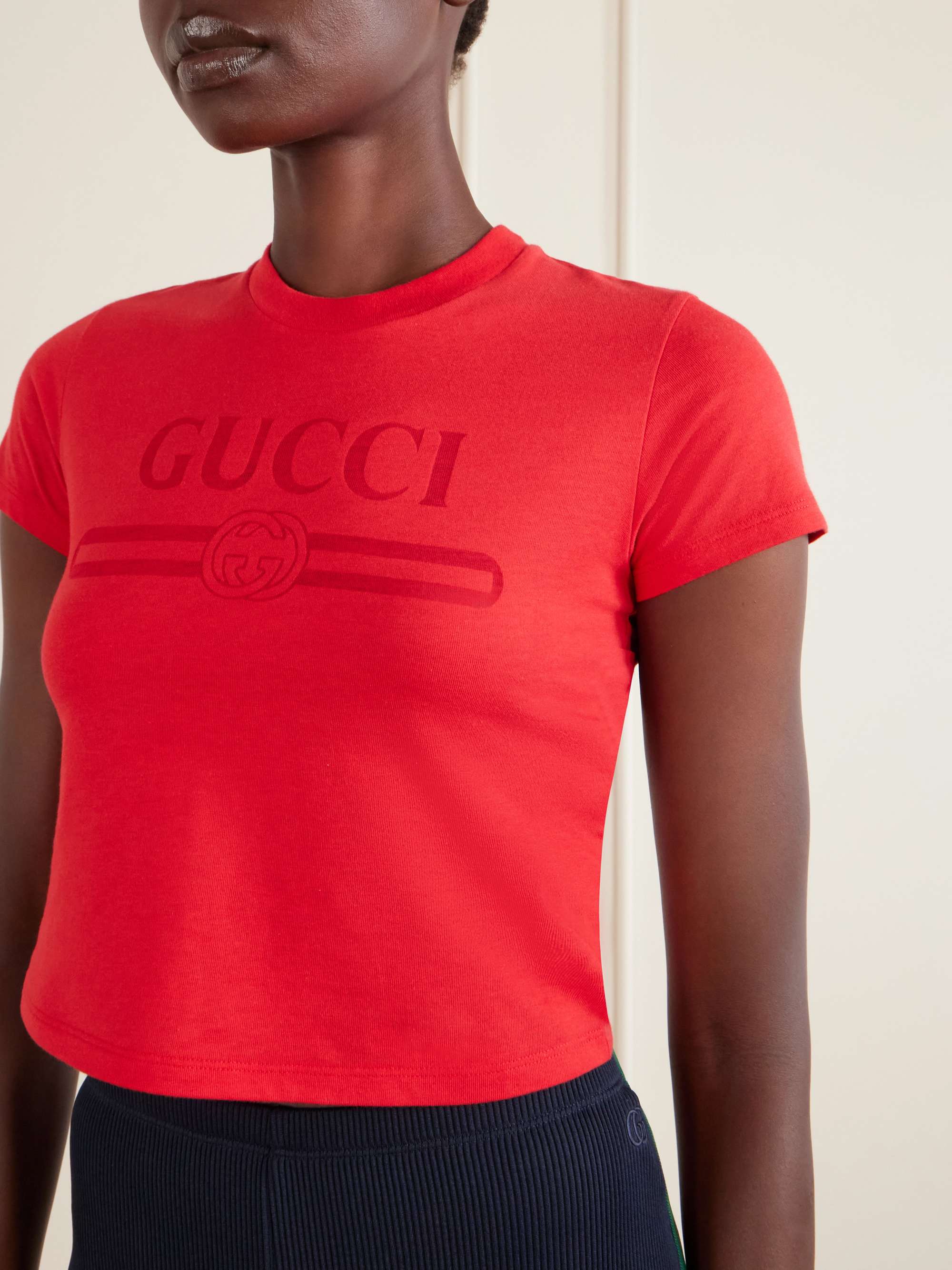 GUCCI Logo-print cropped cotton-blend T-shirt | NET-A-PORTER