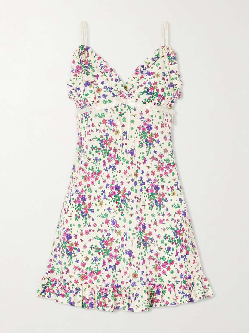 Gucci Floral-print Lace-trimmed Silk-crepe Mini Dress