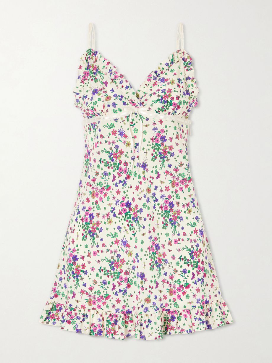 Floral-print lace-trimmed silk-crepe mini dress