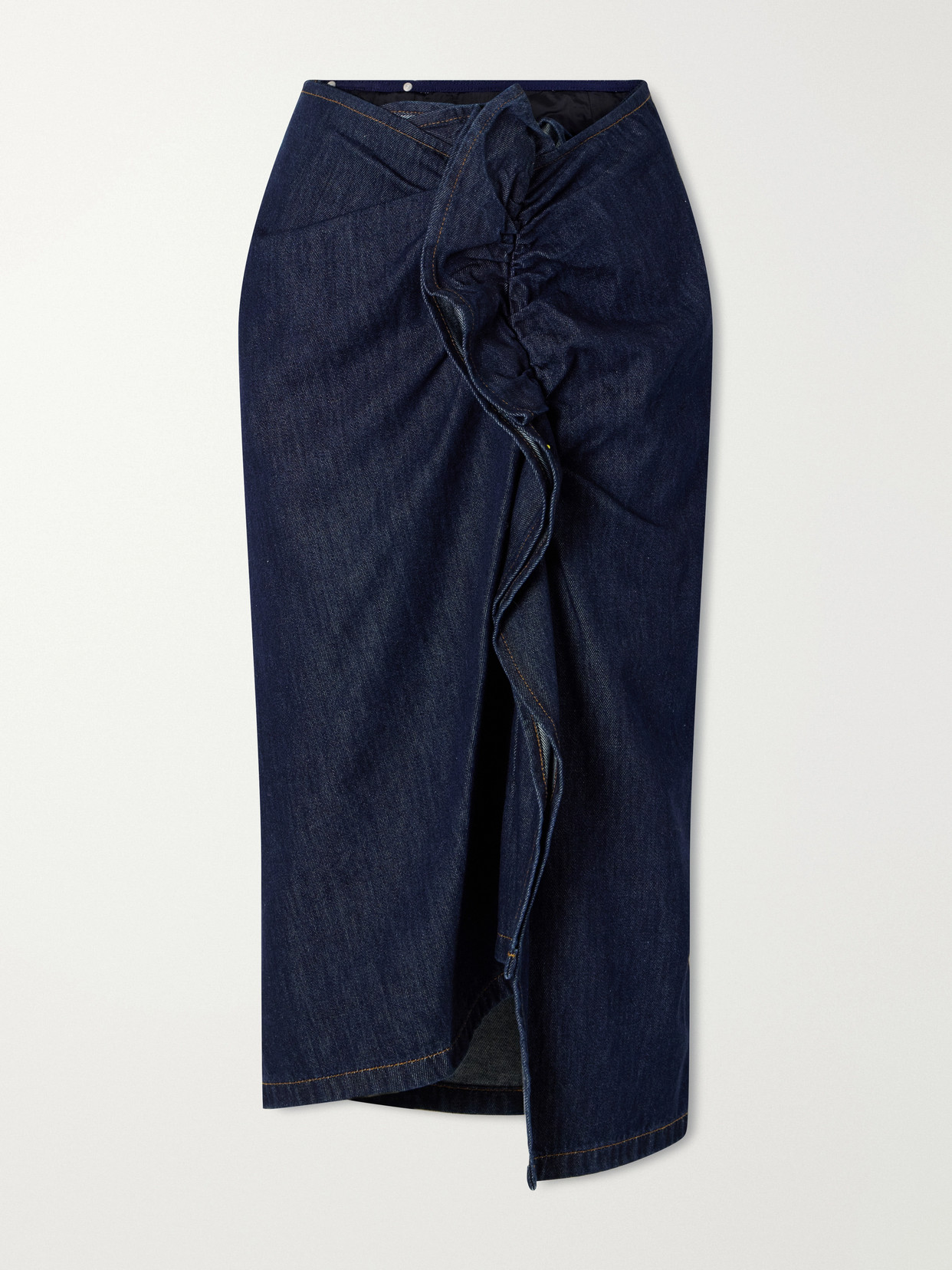 Dries Van Noten Ruffle-detailed Draped Denim Midi Skirt In Blue