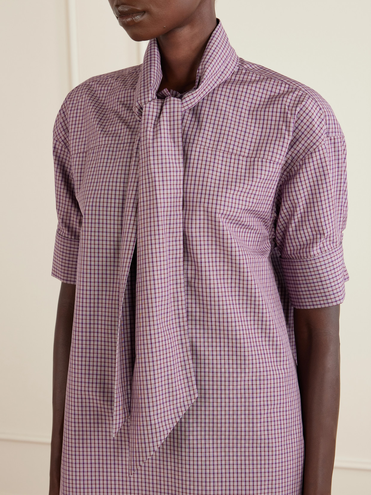 Tie-Detailed Checked Cotton-Poplin Blouse