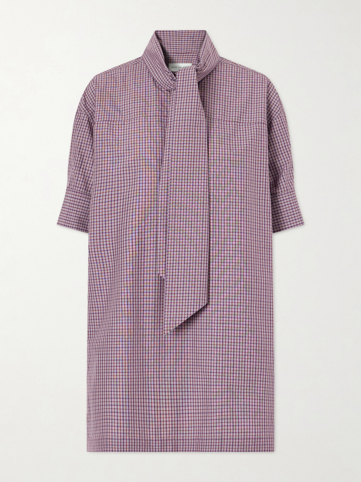 Dries Van Noten Tie-detailed Checked Cotton-poplin Blouse In Purple