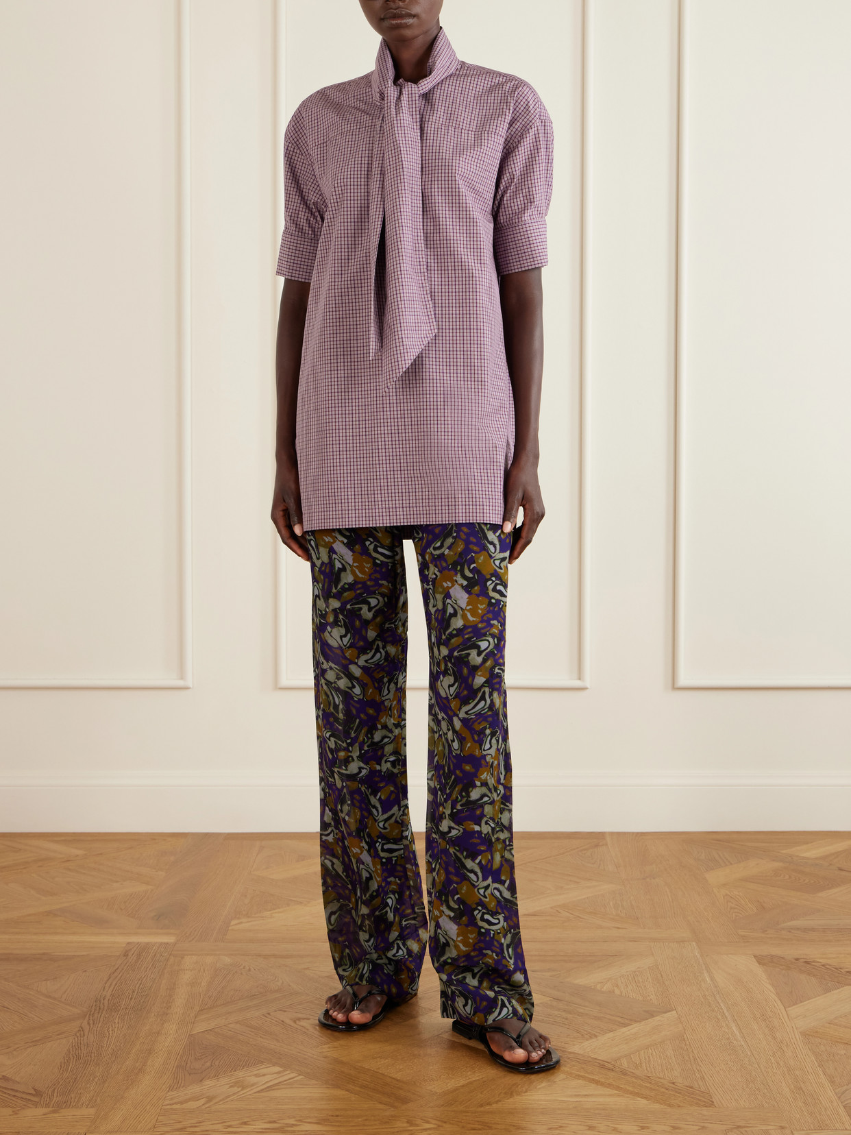 Tie-Detailed Checked Cotton-Poplin Blouse