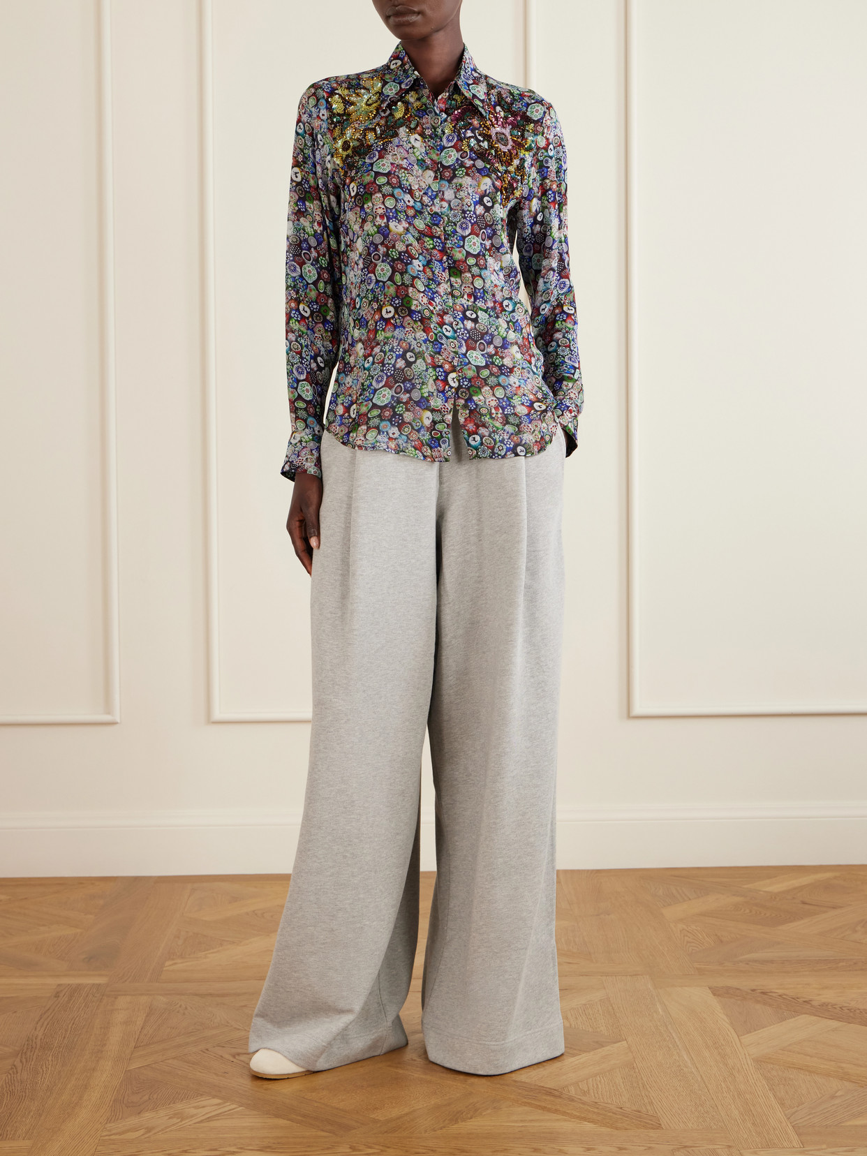 Sequin-Embellished Printed Georgette Blouse