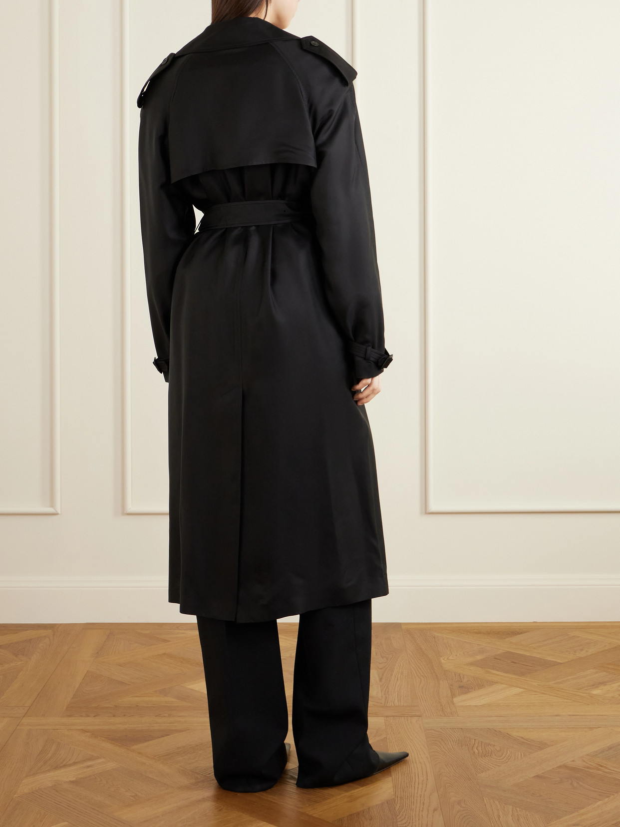 Double-Breasted Belted Silk-Twill Trench Coat