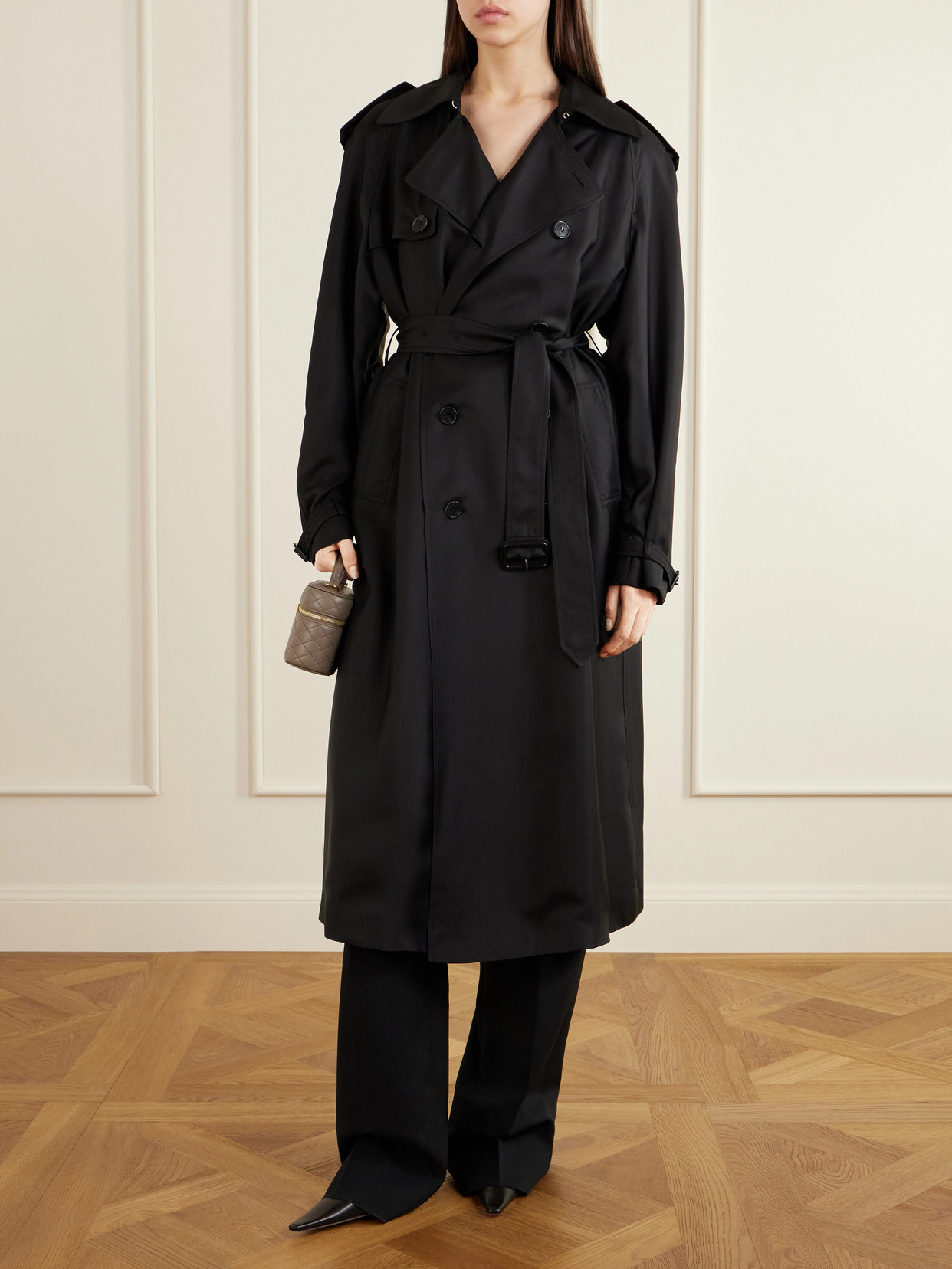 Double-Breasted Belted Silk-Twill Trench Coat