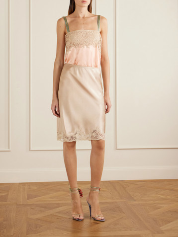 Saint Laurent Lace-trimmed silk-satin skirt