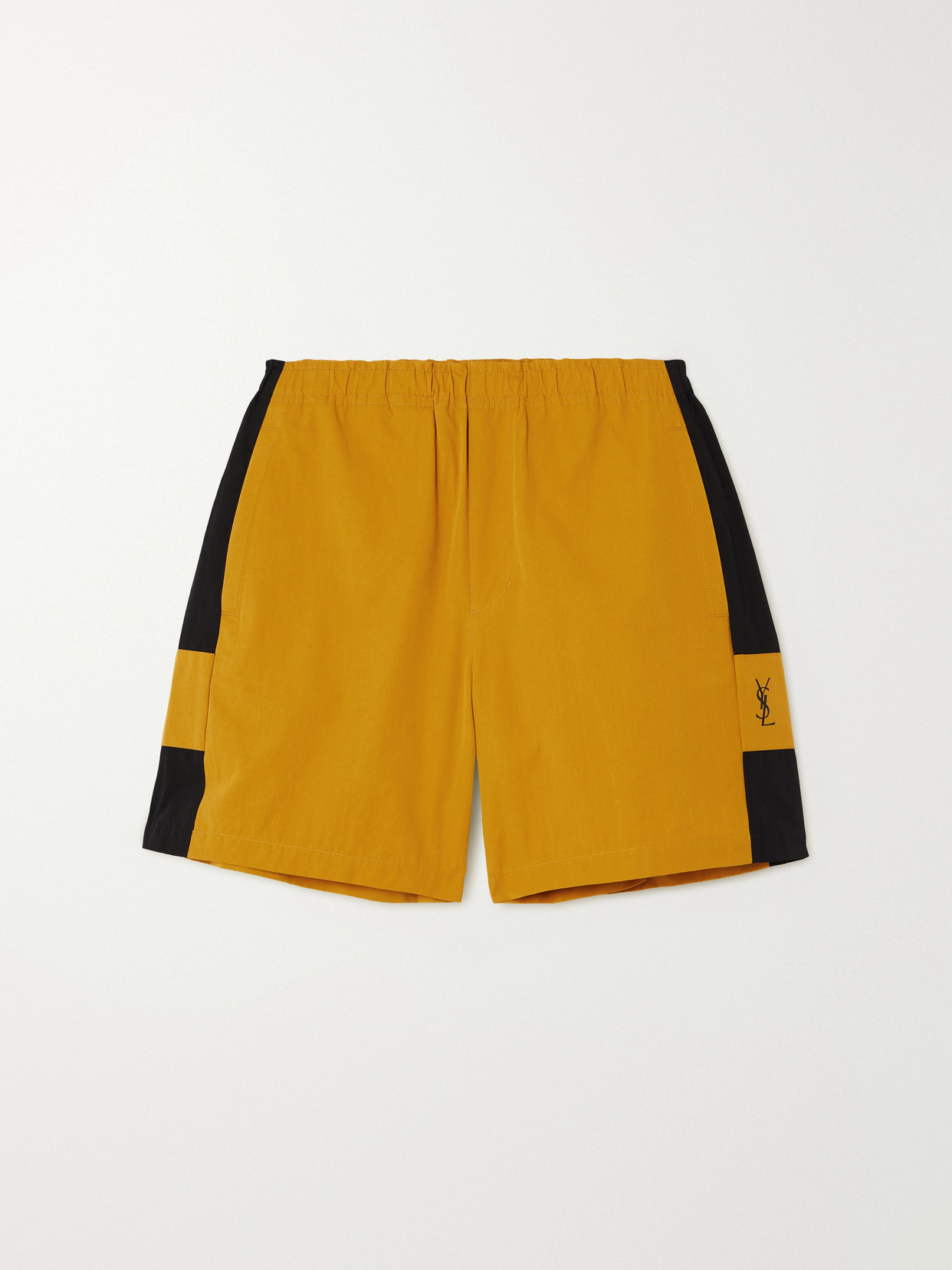 Saint Laurent Cassandre Bicolor Cotton Serge Bermuda Shorts In Gold