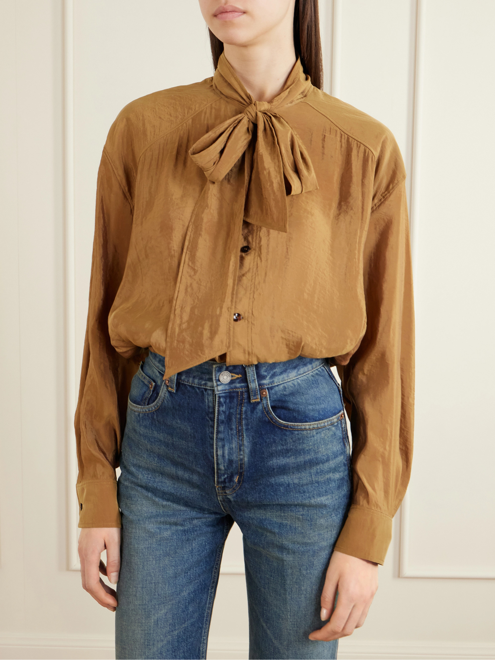 Saint Laurent - Pussy-bow crinkled-taffeta blouse | Plush