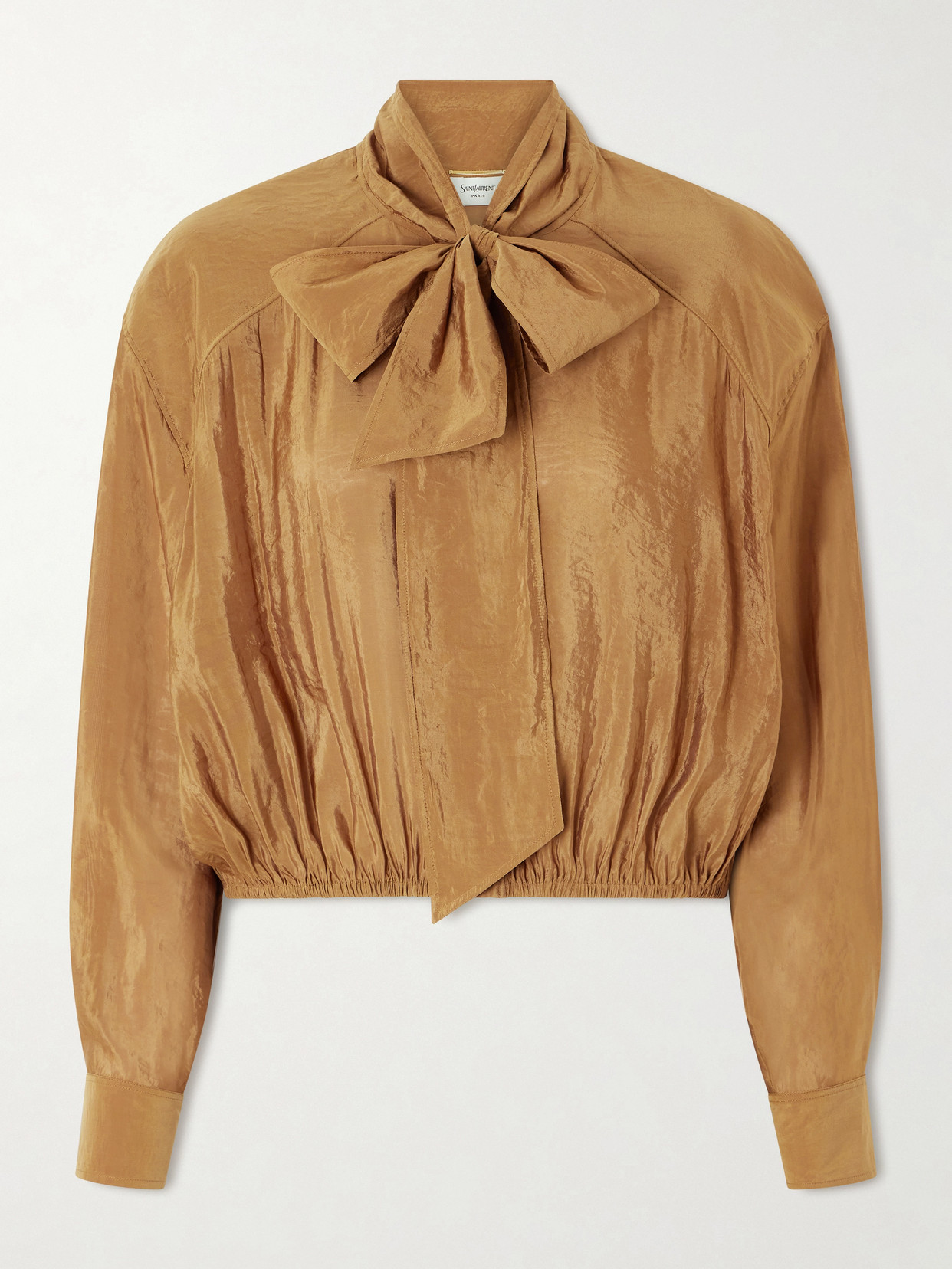 Saint Laurent Pussy-bow Crinkled-taffeta Blouse In Brown