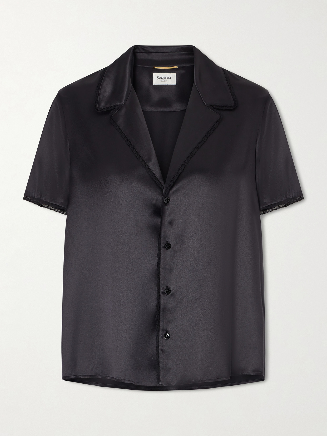 Saint Laurent Lace-trimmed Silk-satin Shirt In Black