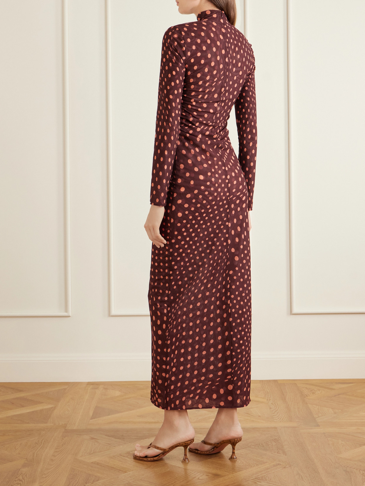 Stella Mccartney Turtleneck Polka Dot Mesh Long-sleeve Maxi Dress In Red