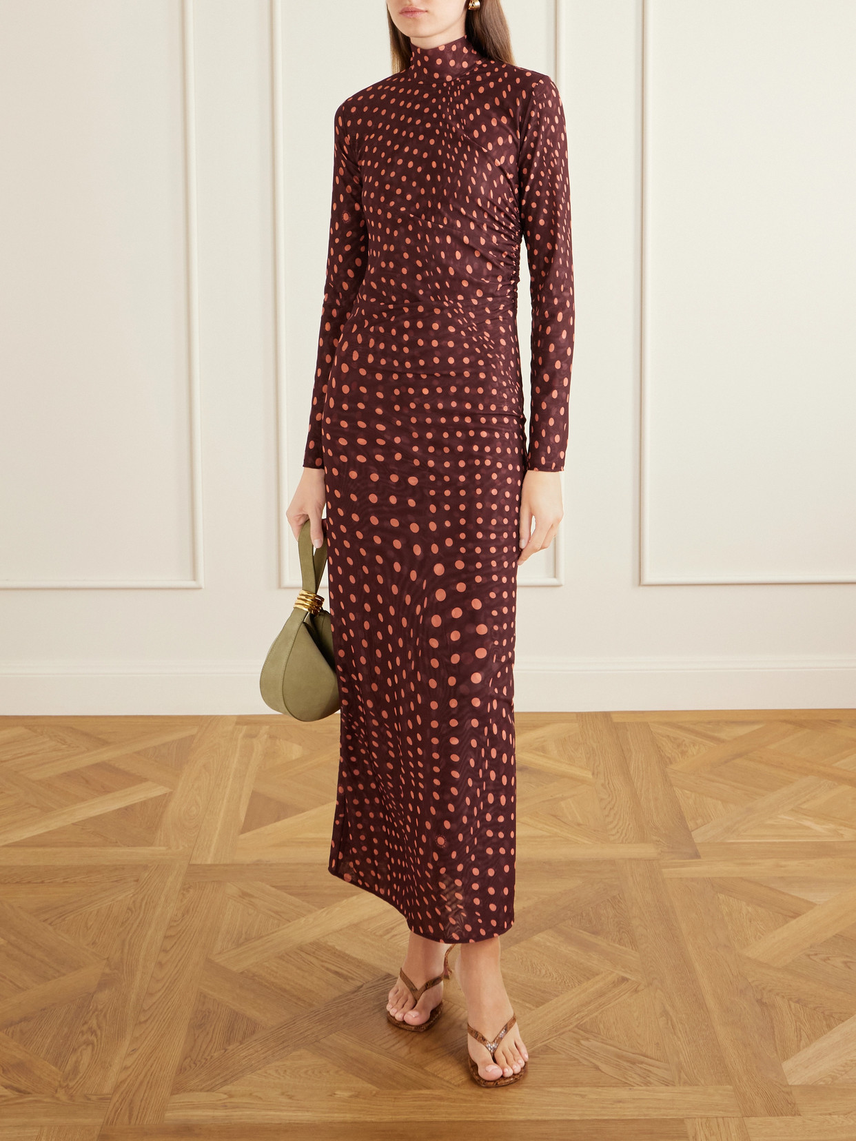 Stella Mccartney Turtleneck Polka Dot Mesh Long-sleeve Maxi Dress In Red