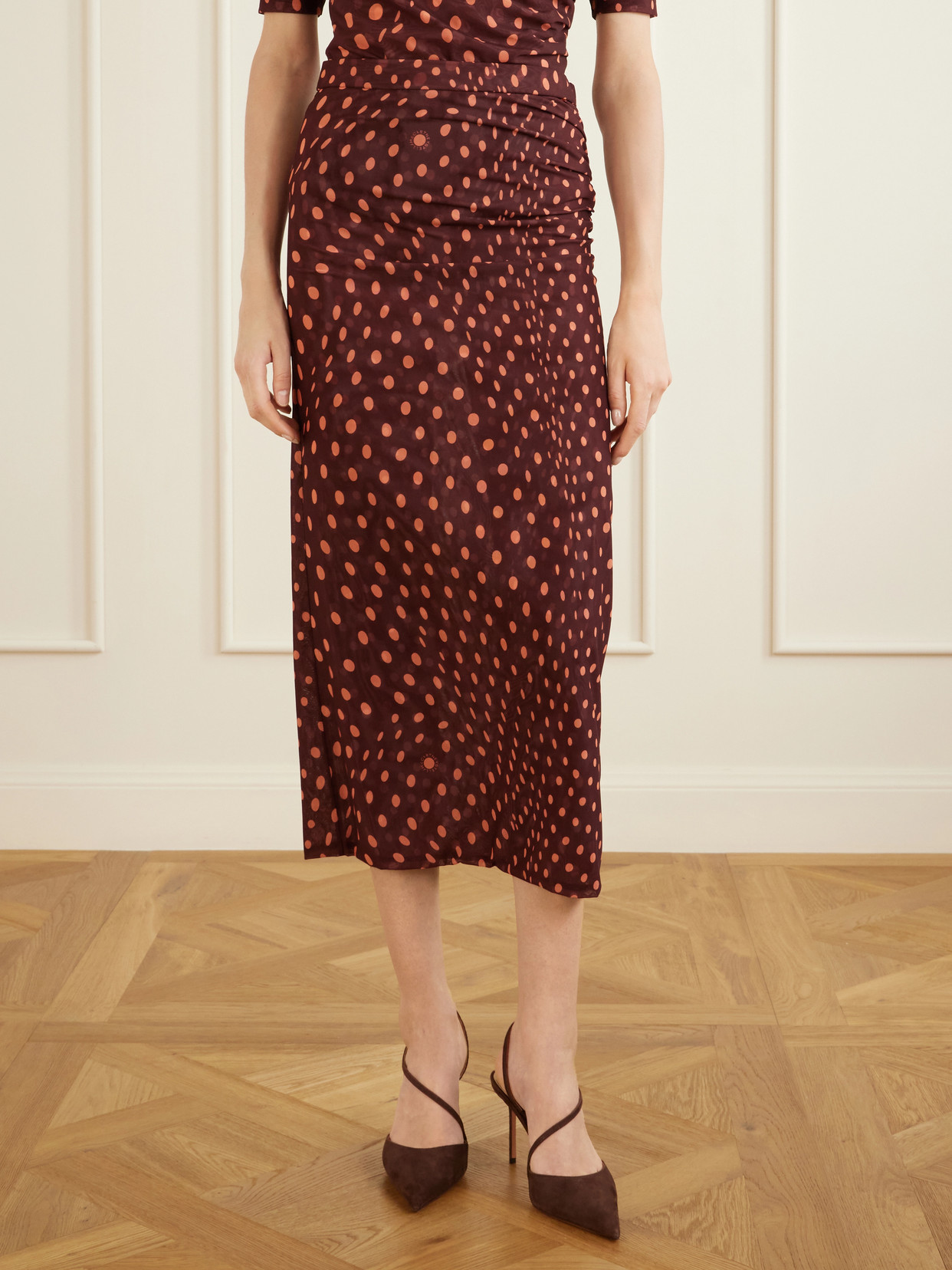 Gathered Polka-Dot Midi