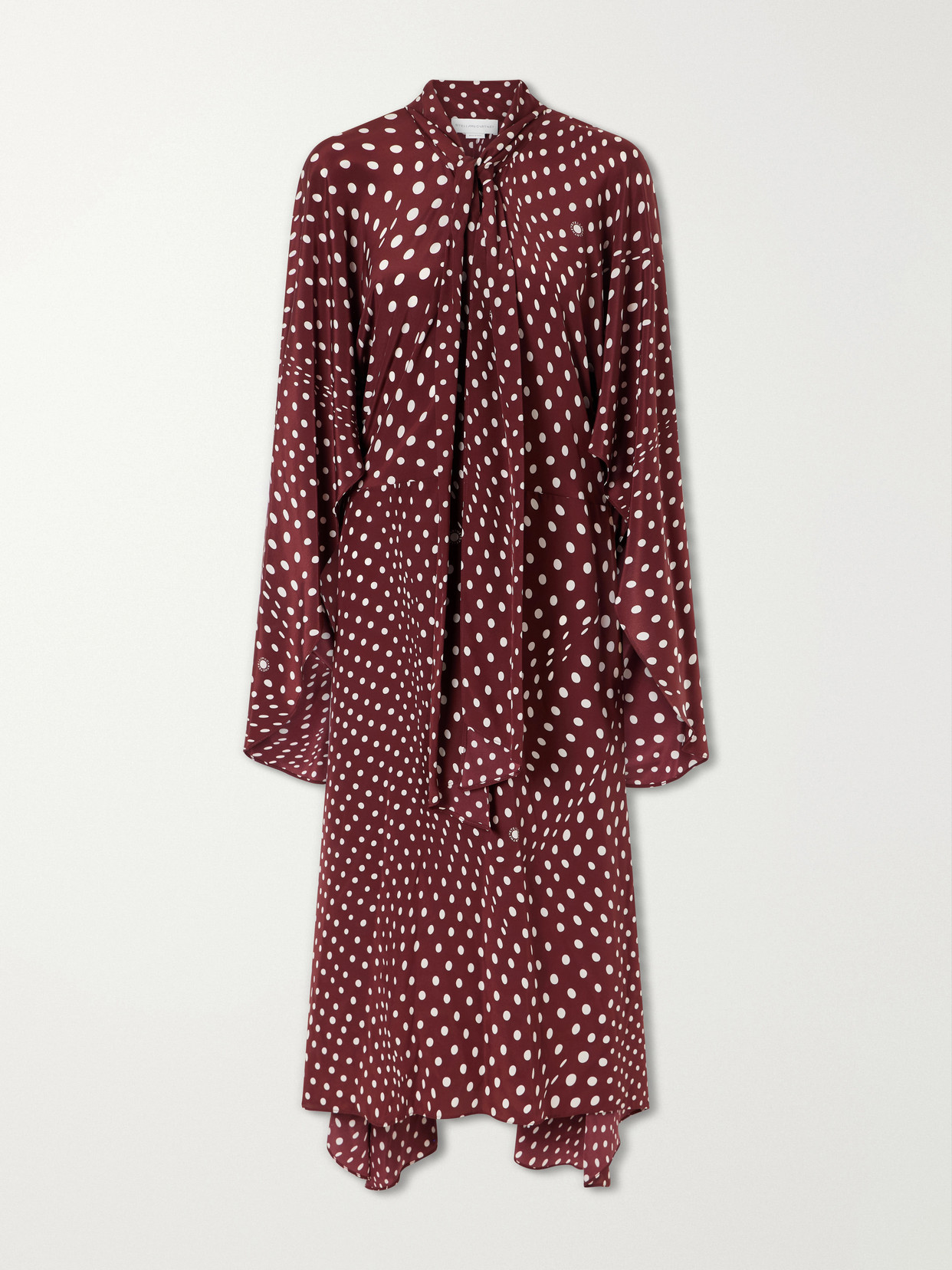 Stella Mccartney Tie-detailed Draped Polka-dot Silk Midi Dress In Burgundy