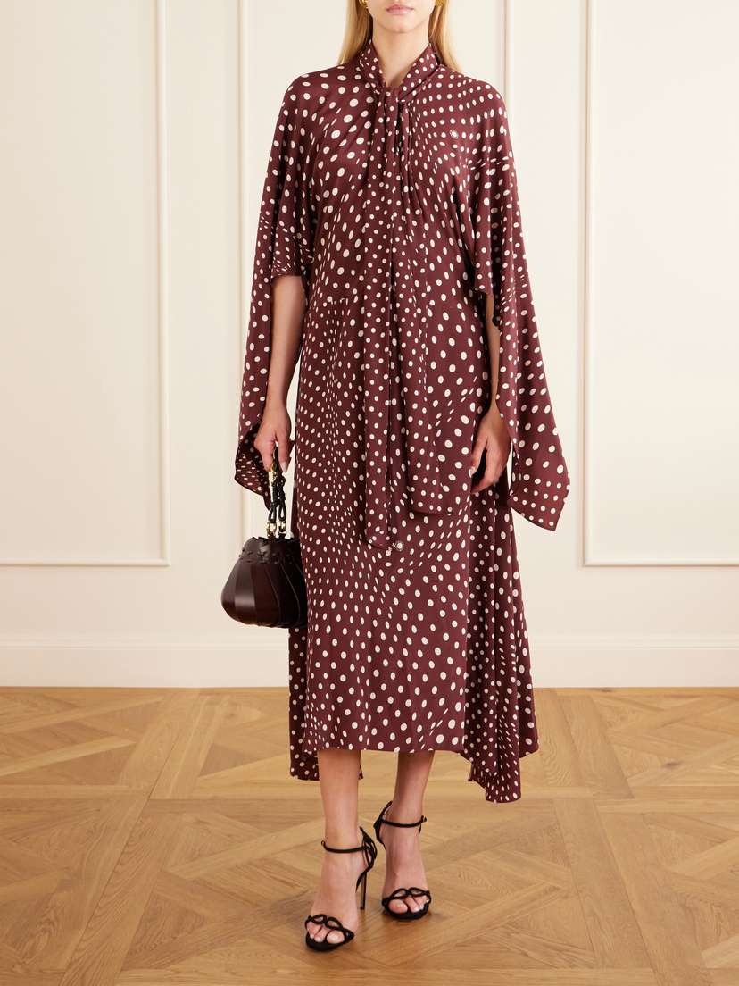 Stella McCartney Tie-detailed Draped Polka-dot Silk Midi Dress | Thumbnail 2 Stella McCartney Tie-detailed Draped Polka-dot Silk Midi Dress | Thumbnail 2