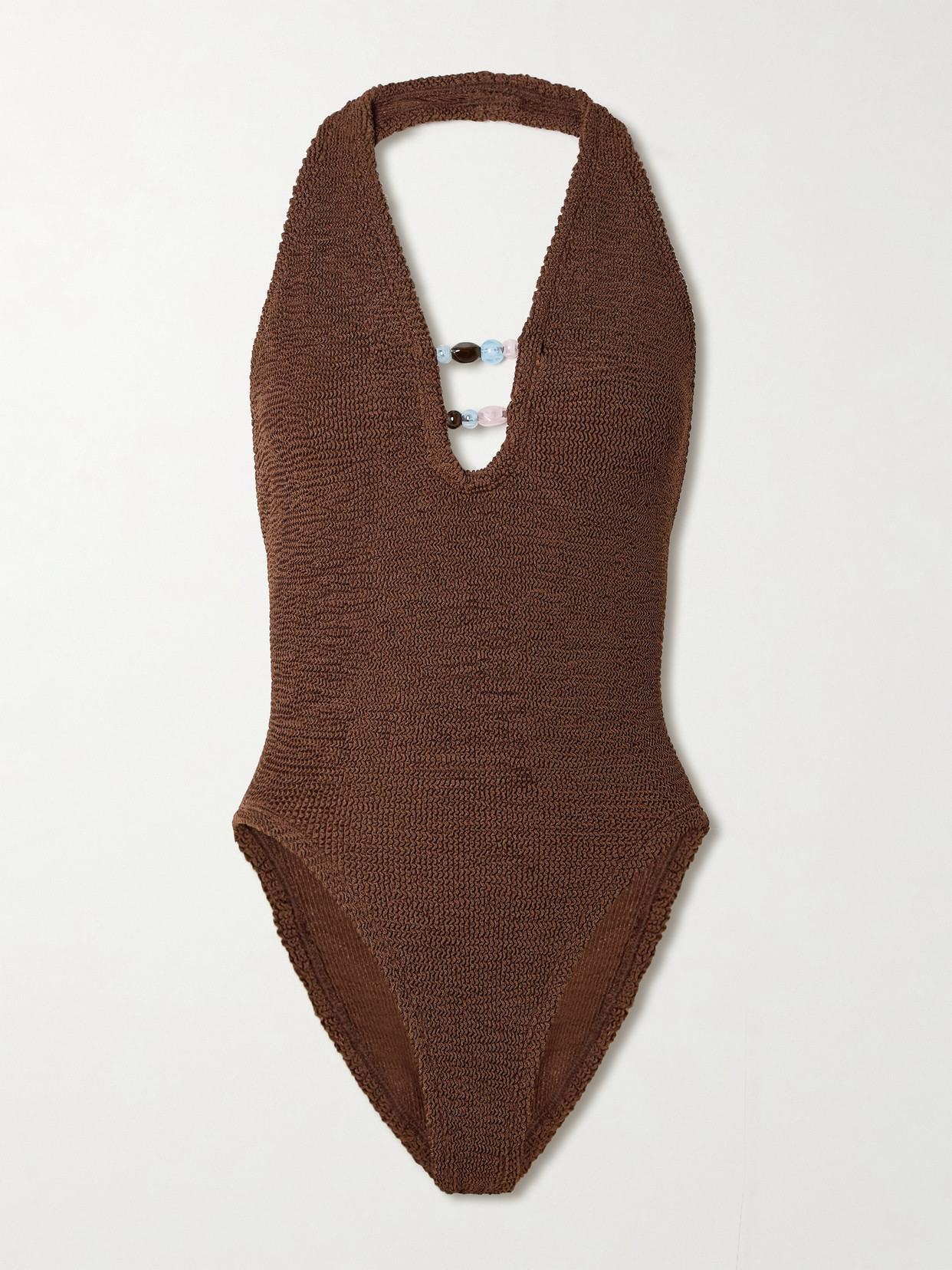 Hunza G - Adriana Bead-embellished Original Crinkle Swimsuit - Brown