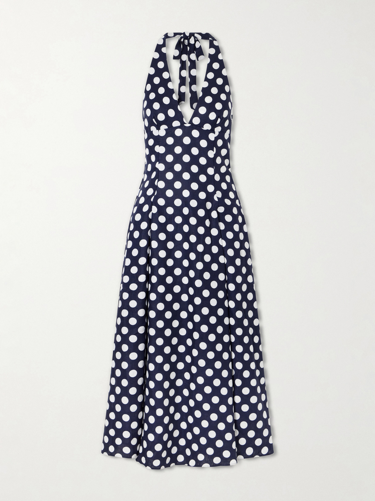 Faithfull Murano Polka-dot Linen Halterneck Midi Dress In Blue