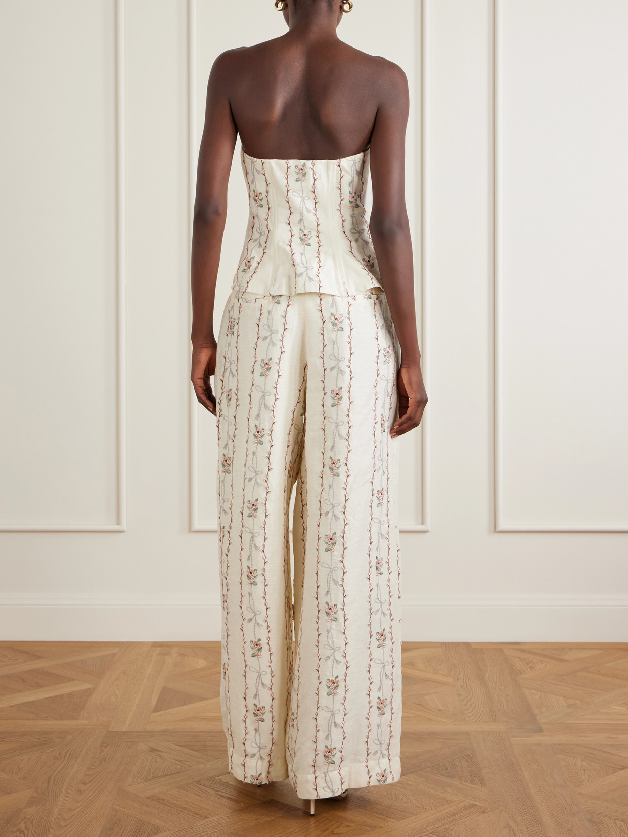 Abelia Navegante Floral-Embroidered Linen Corset Top