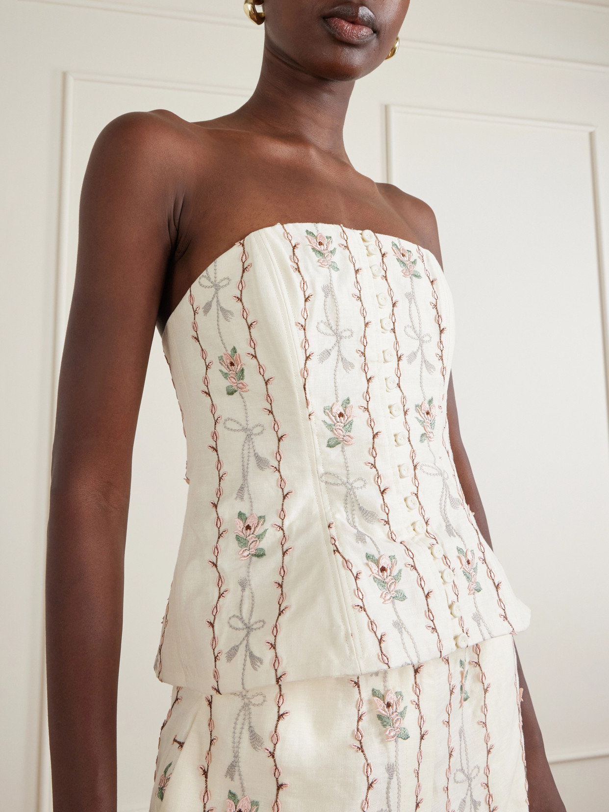 Abelia Navegante Floral-Embroidered Linen Corset Top