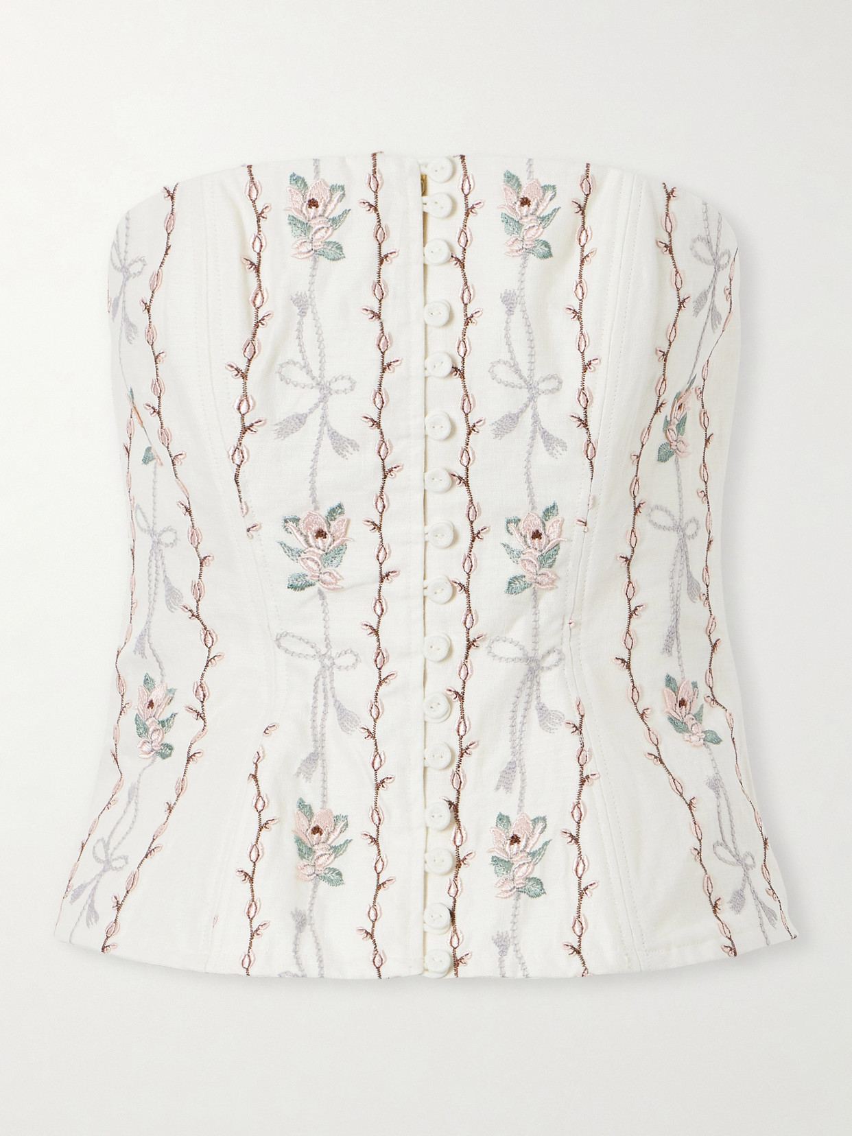 Abelia Navegante Floral-Embroidered Linen Corset Top