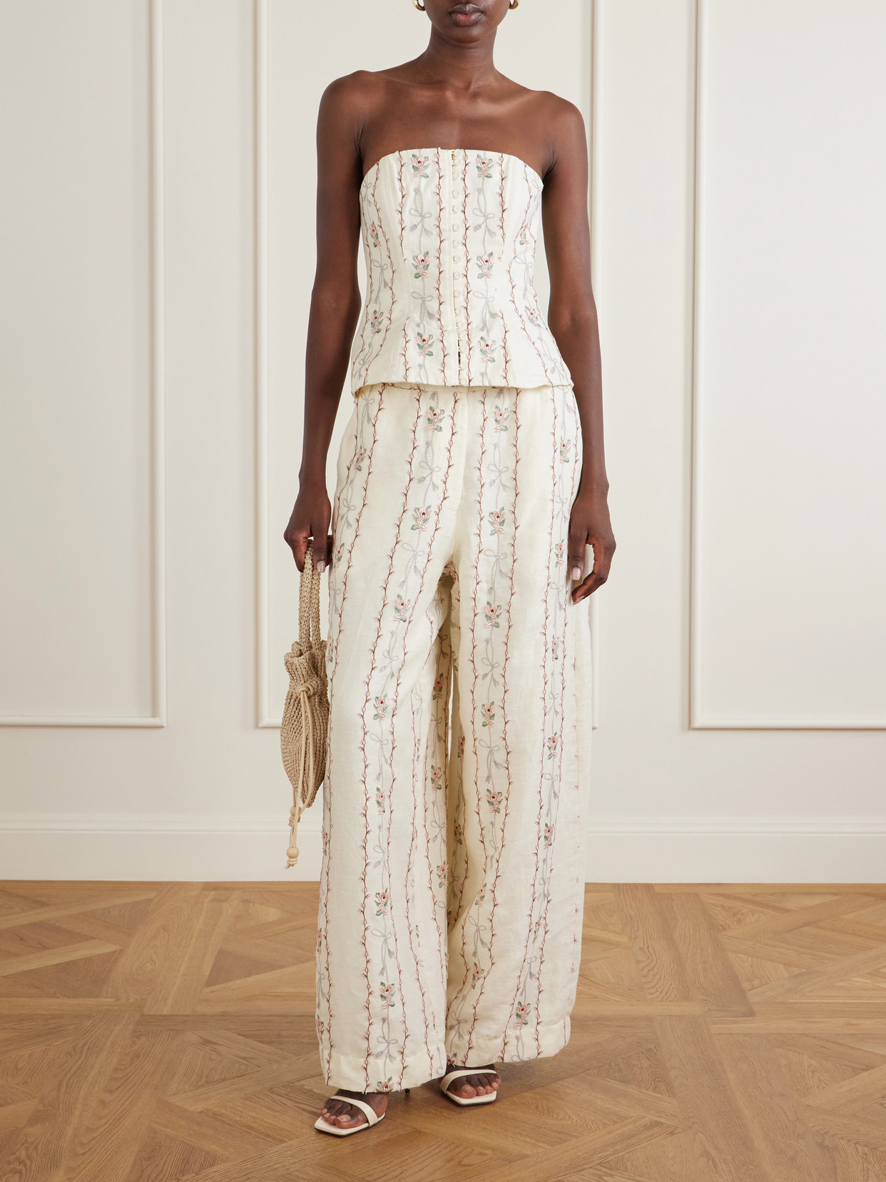 Abelia Navegante Floral-Embroidered Linen Corset Top