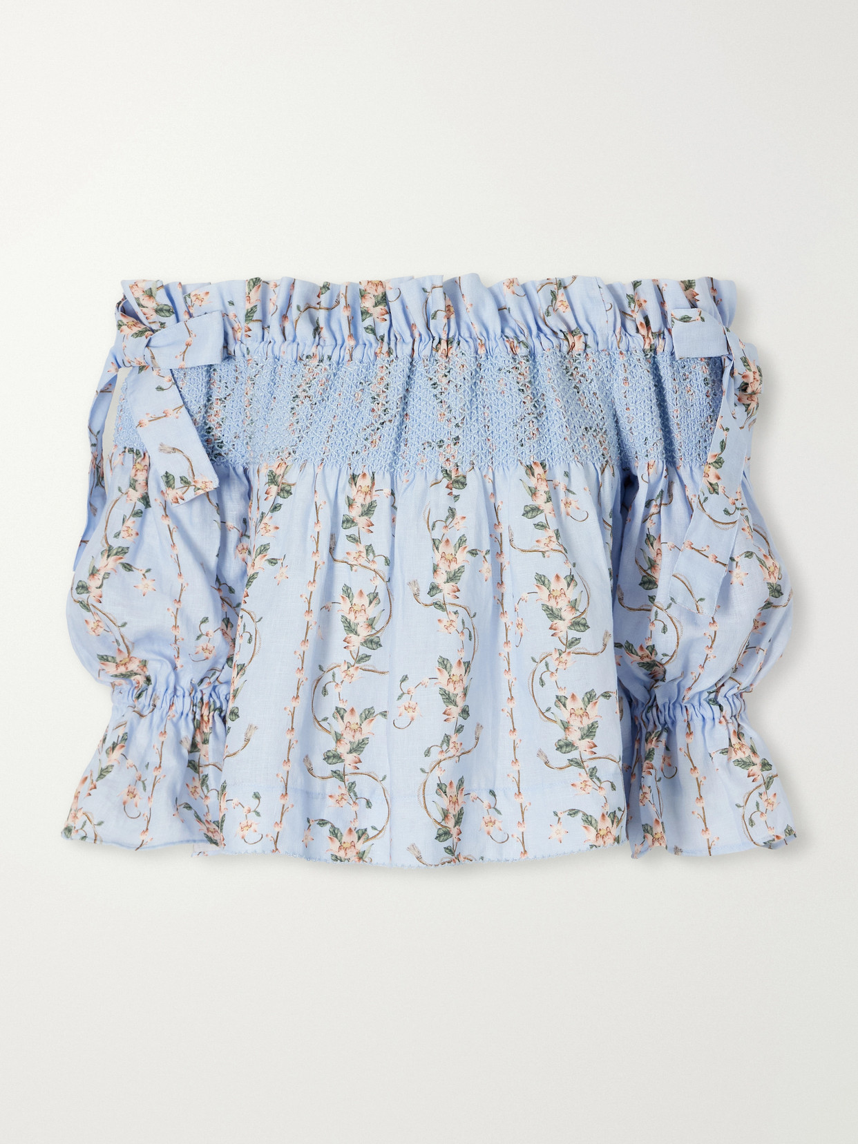 Agua By Agua Bendita Isla Navegante Printed Smocked Linen Blouse In Blue