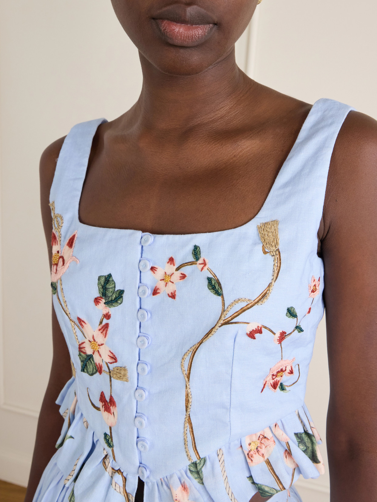 Eslabón Navegante Floral-Embroidered Linen Cropped Top
