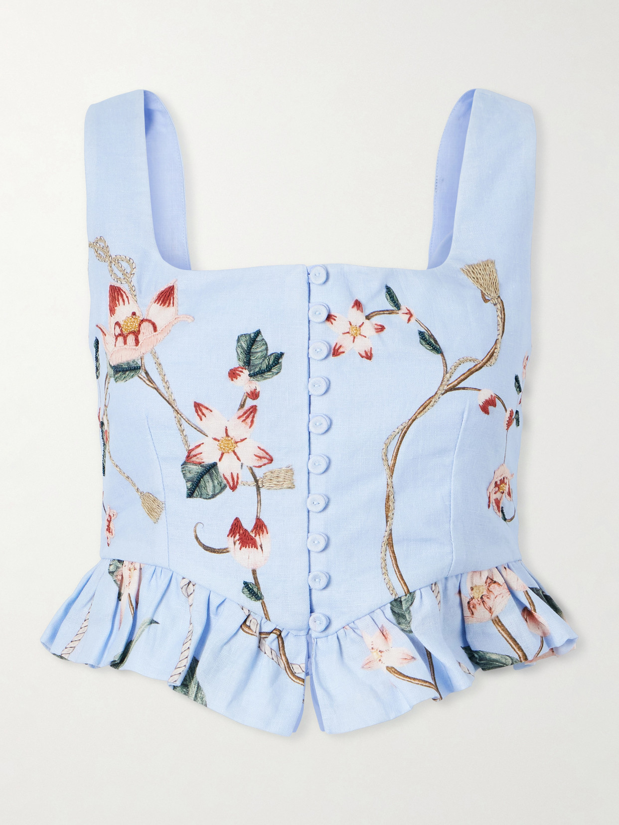 Agua by Agua Bendita - Eslabón Navegante Floral-embroidered Linen Cropped Top - Blue