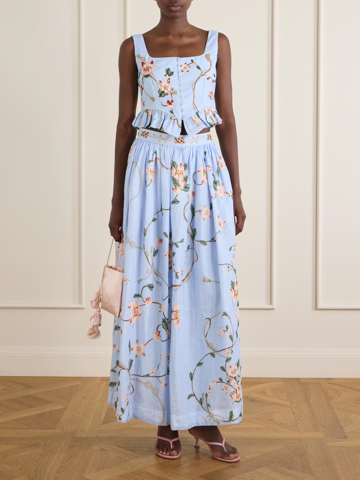 Eslabón Navegante Floral-Embroidered Linen Cropped Top