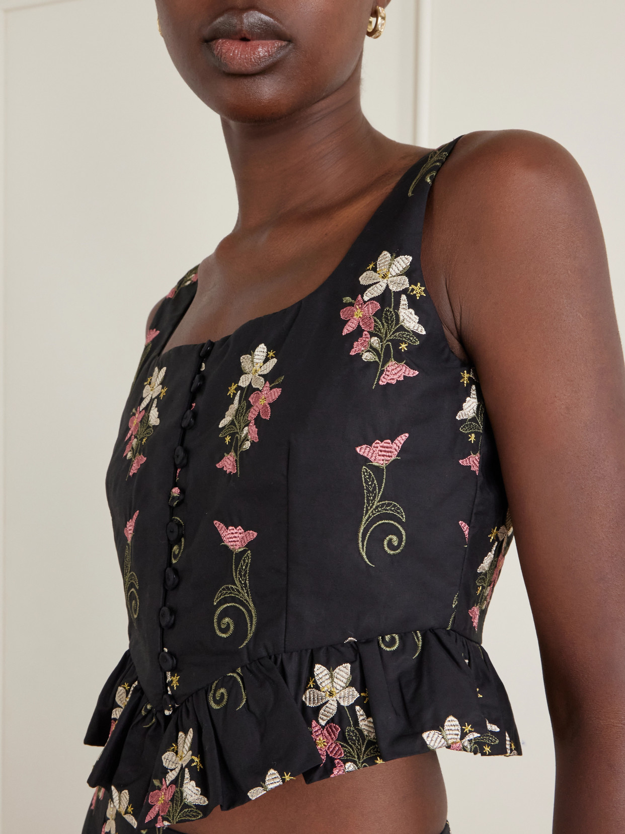 Eslabón Noche Floral-Embroidered Cotton Cropped Top