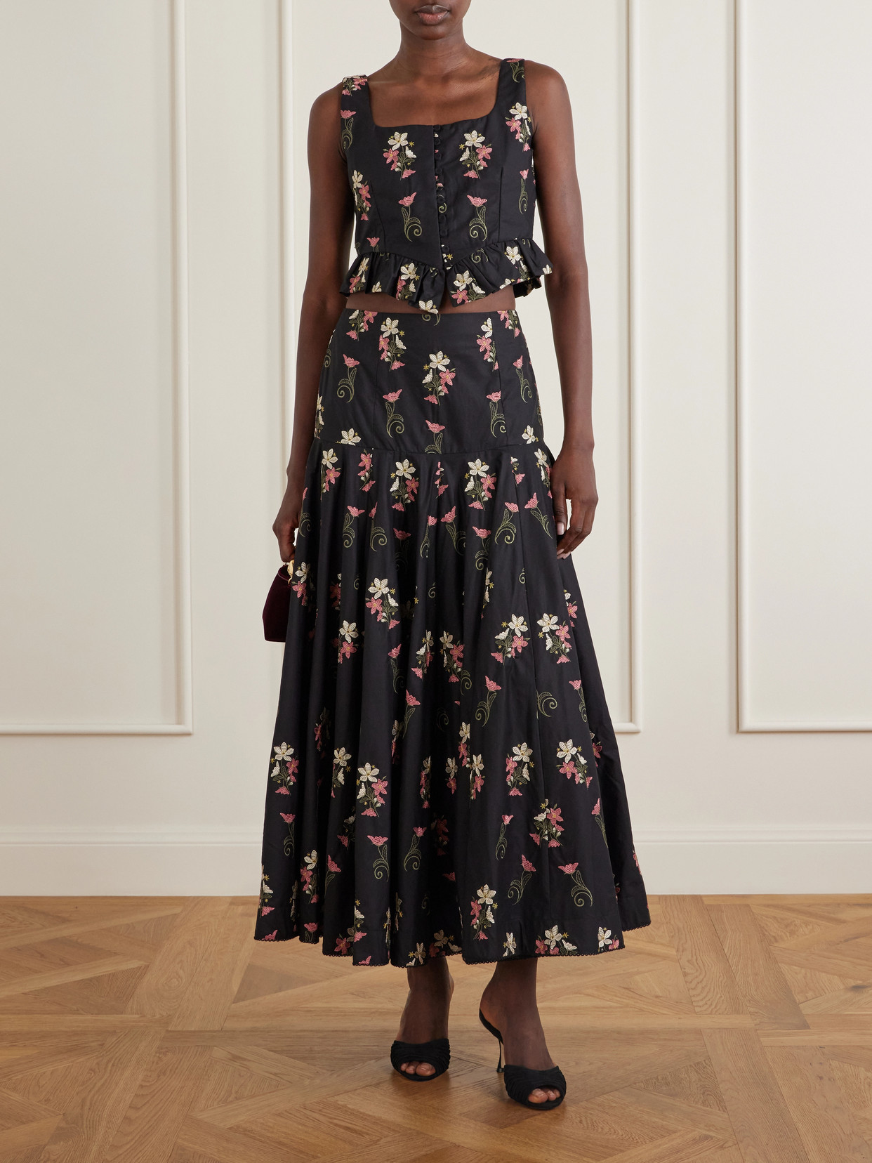 Eslabón Noche Floral-Embroidered Cotton Cropped Top