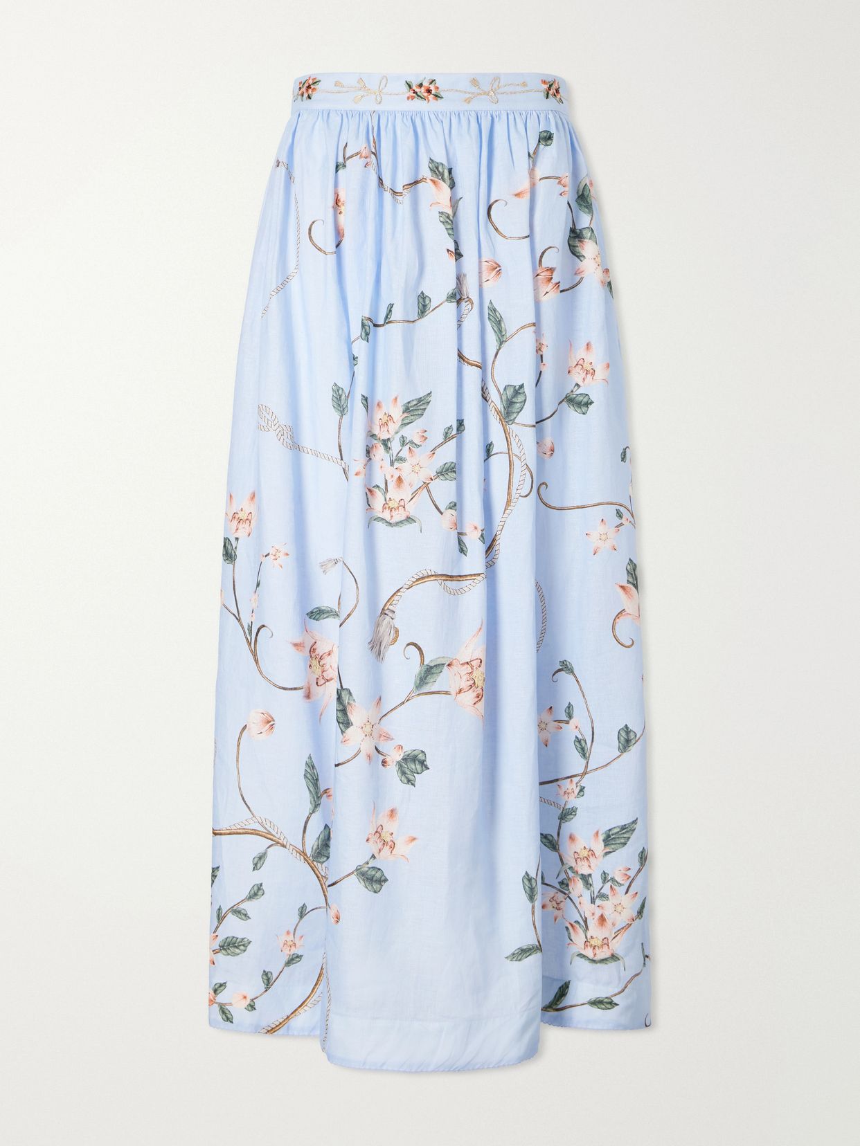 tangelo embroidered floral print linen maxi skirt