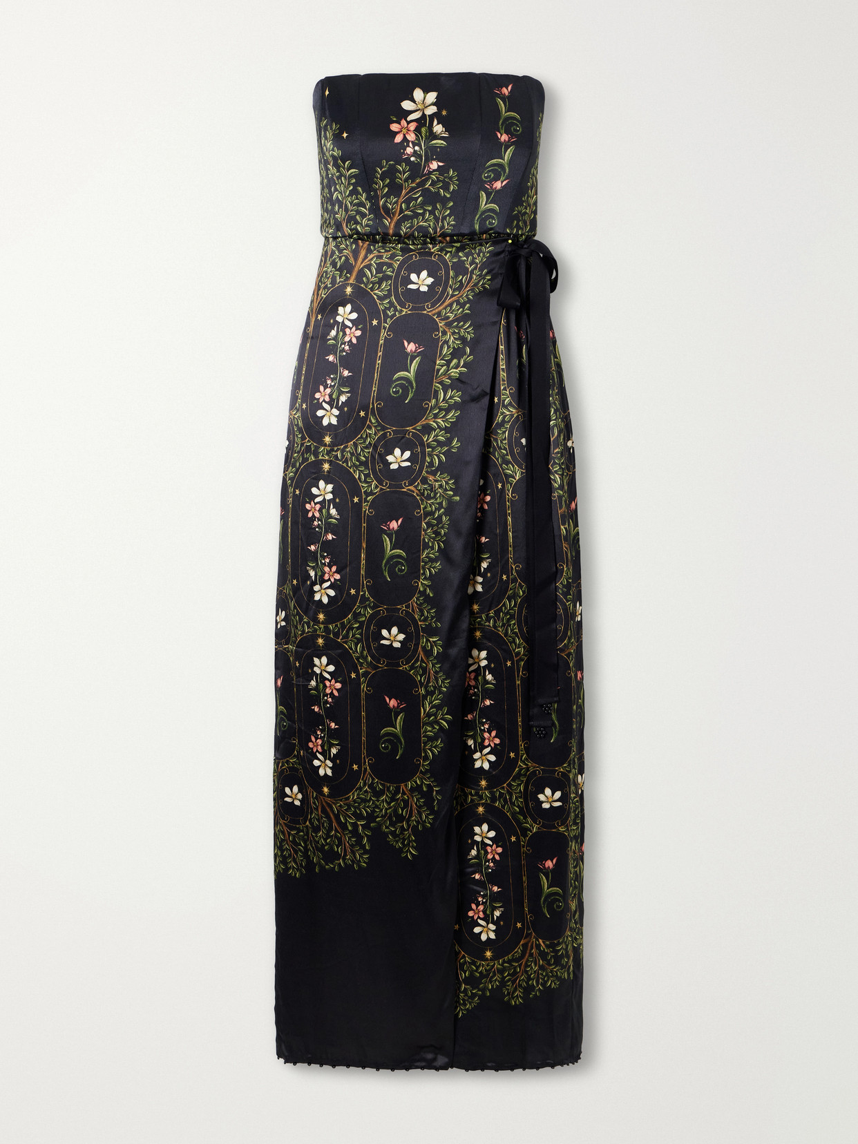 Agua By Agua Bendita Floral-print Embellished Satin Midi Dress In Black