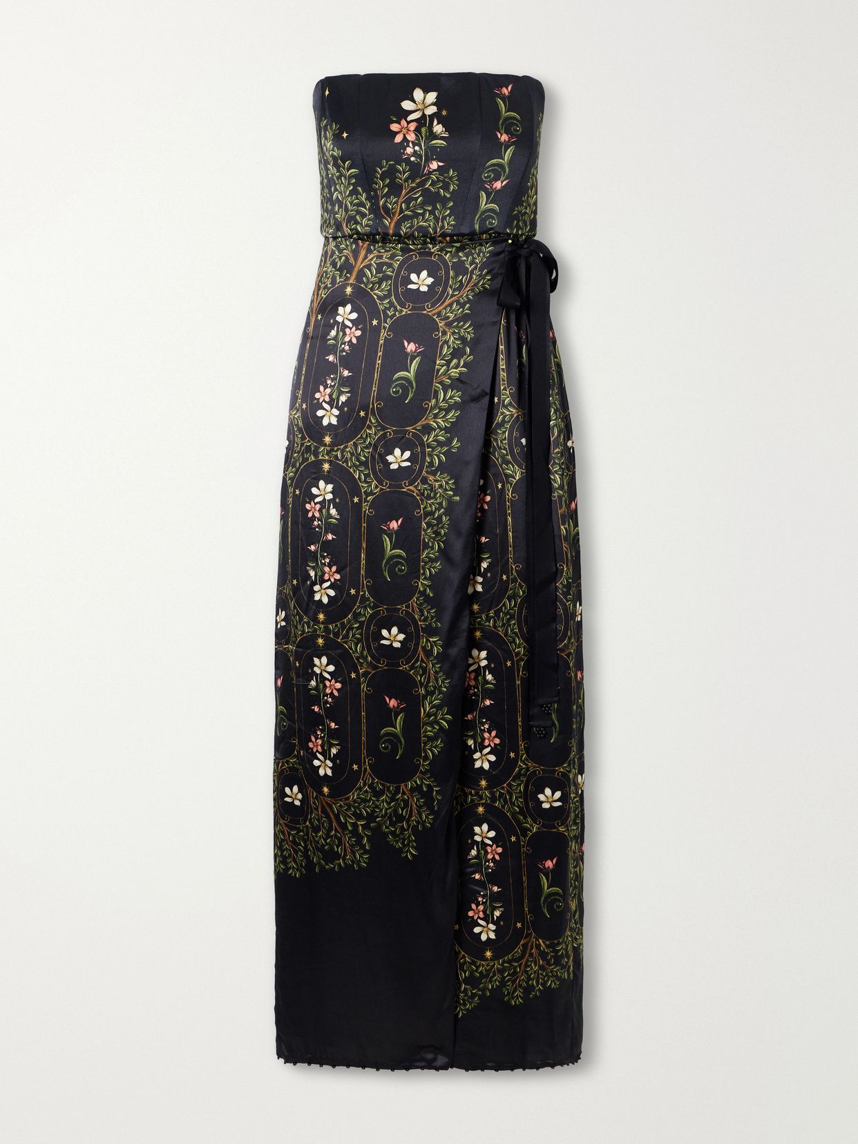 Floral-print embellished satin midi dress