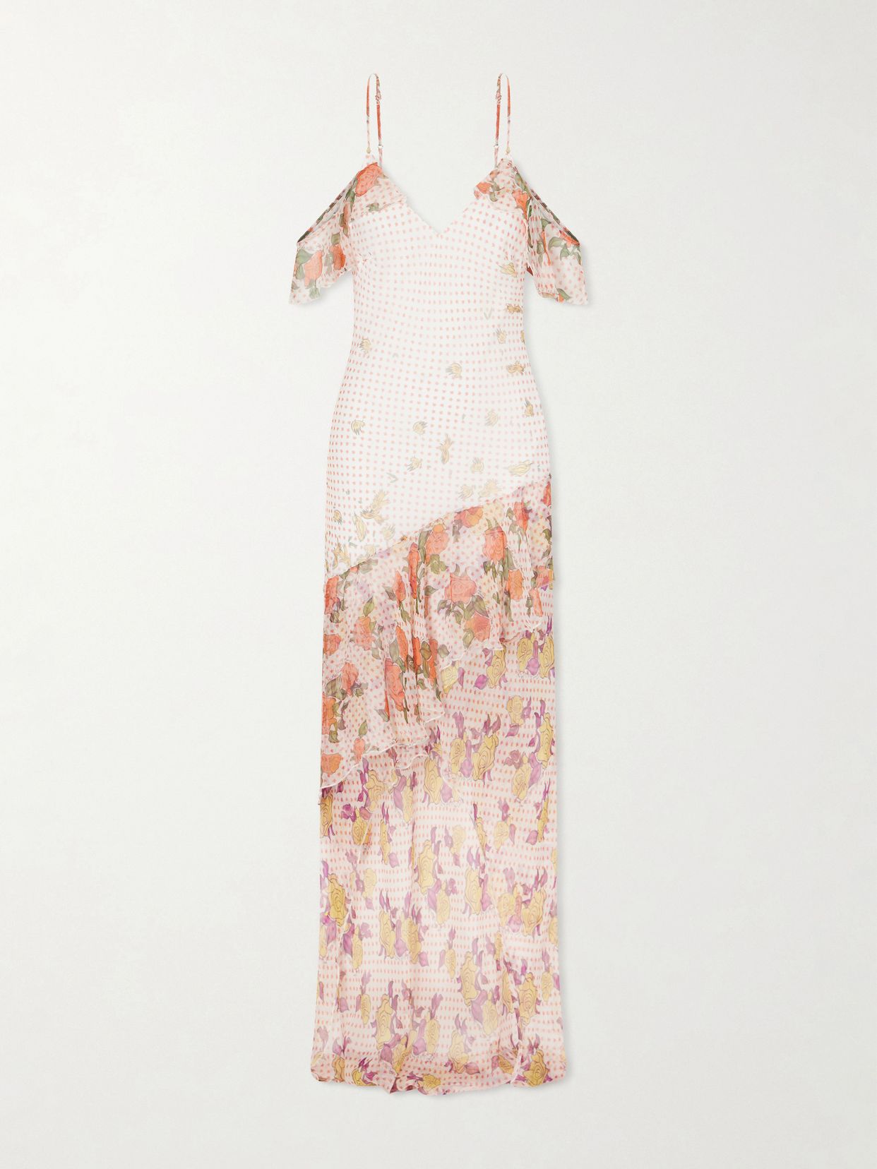 Pajaritos y Rosas printed ruffled silk-chiffon maxi dress