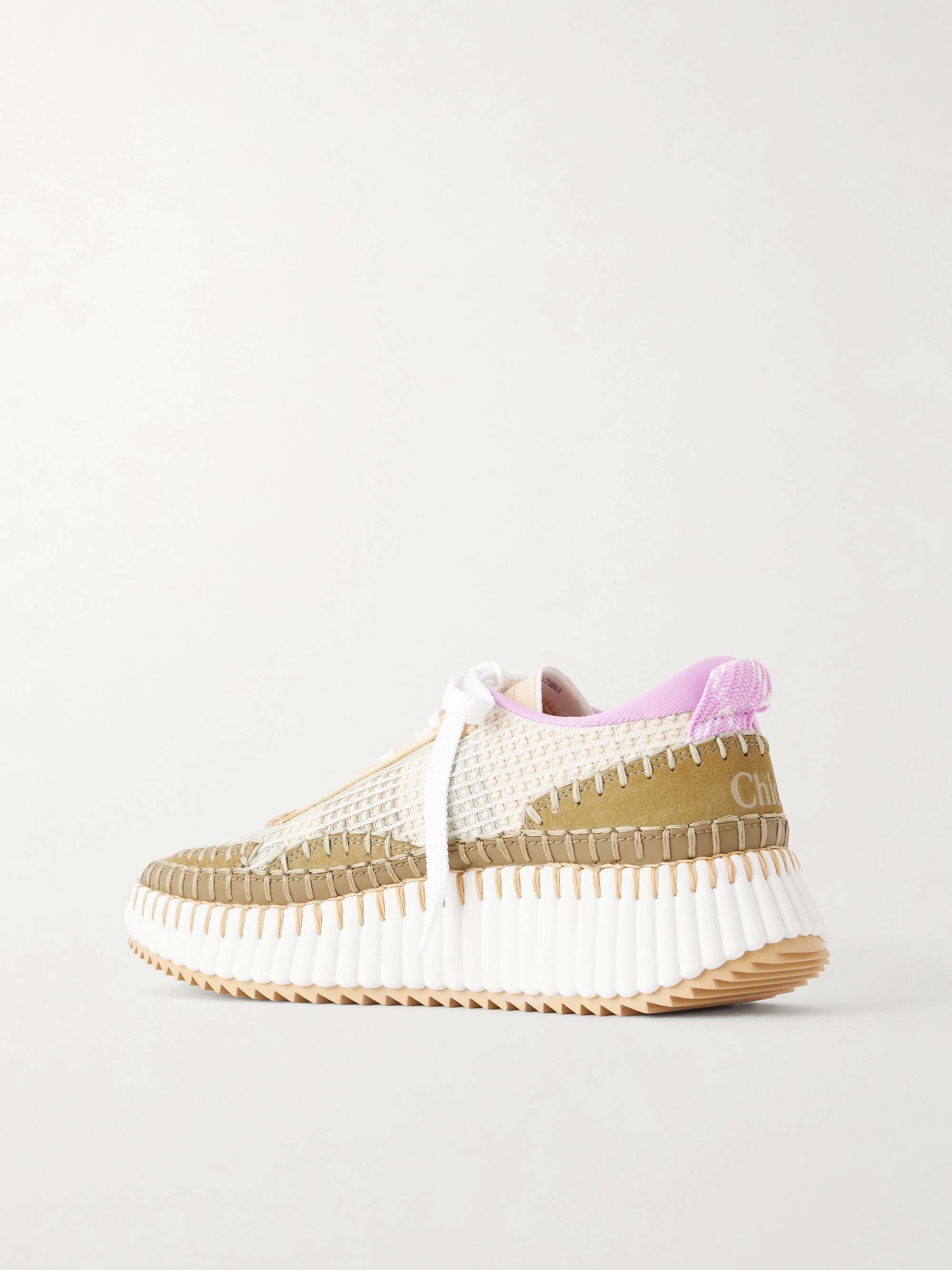 CHLOÉ + NET SUSTAIN Nama embroidered suede and recycled-mesh sneakers