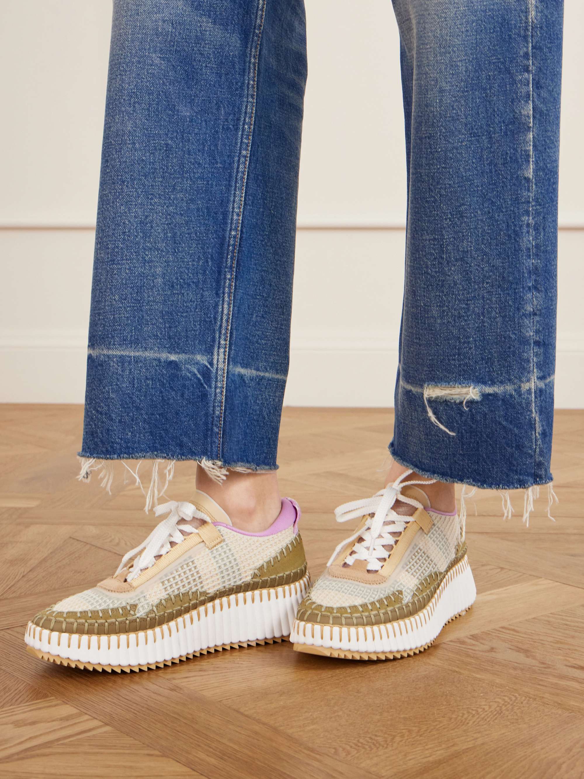CHLOÉ + NET SUSTAIN Nama embroidered suede and recycled-mesh sneakers