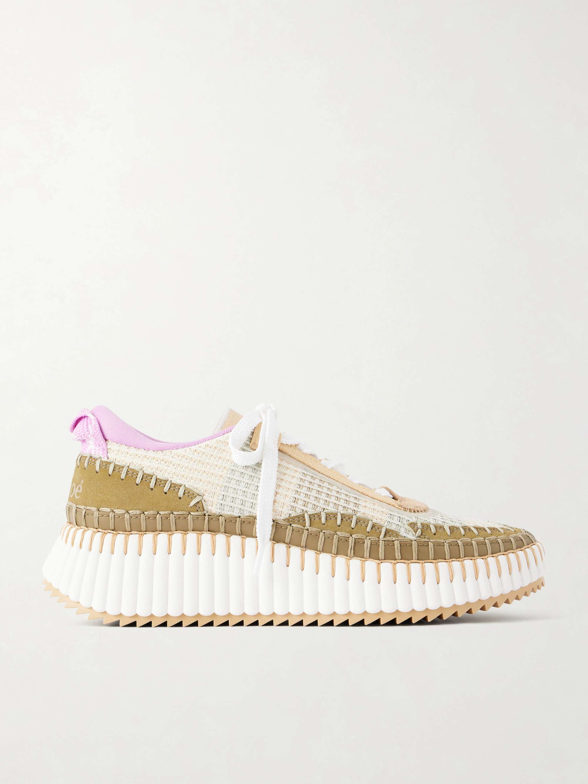 CHLOÉ + NET SUSTAIN Nama embroidered suede and recycled-mesh sneakers