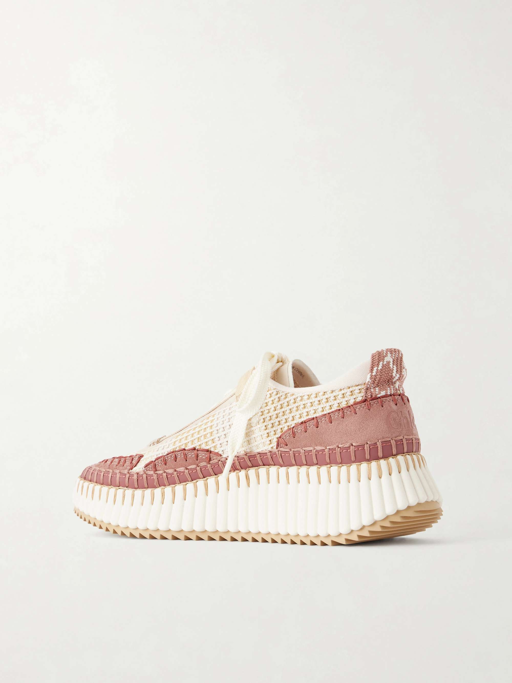 CHLOÉ + NET SUSTAIN Nama embroidered suede and recycled-mesh sneakers