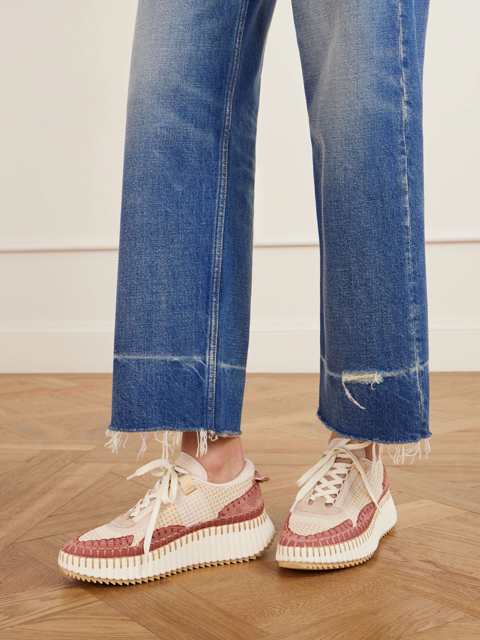 CHLOÉ + NET SUSTAIN Nama embroidered suede and recycled-mesh sneakers