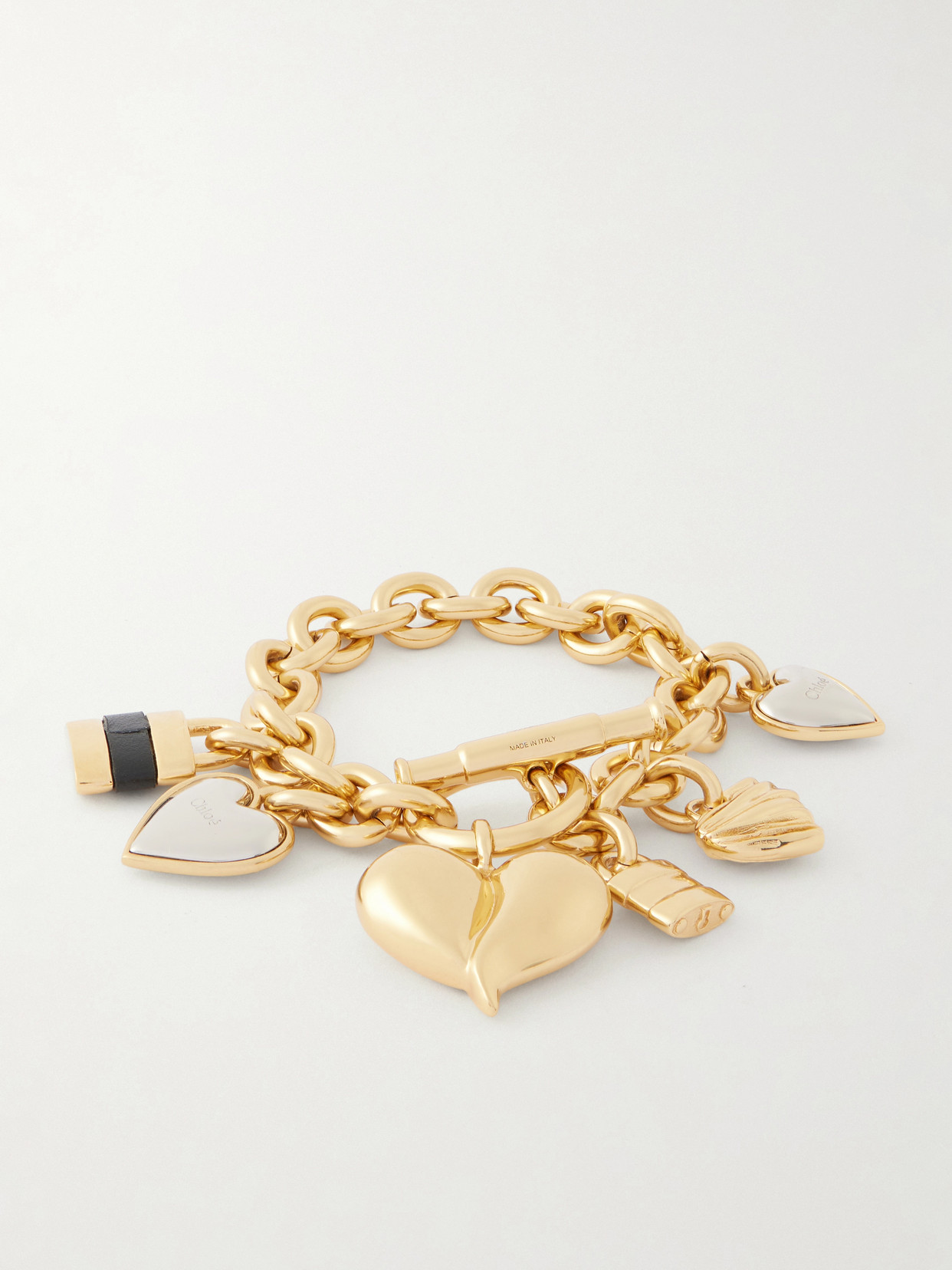 Chloé Logo-detailed Leather-trimmed Gold And Silver-tone Charm Bracelet